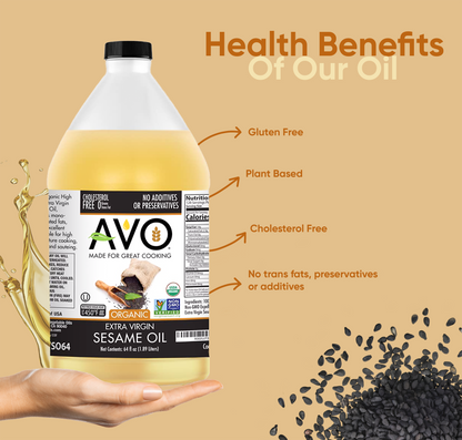 AVO ORGANIC 100% EXTRA VIRGIN SESAME Oil Asian Food, Frying, Non-stick Sautéing, Salads, Vinaigrette, Marinades, Pan Coating, General Cooking 64 Fl-oz (Half a Gallon), NO preservatives added, Naturally Processed