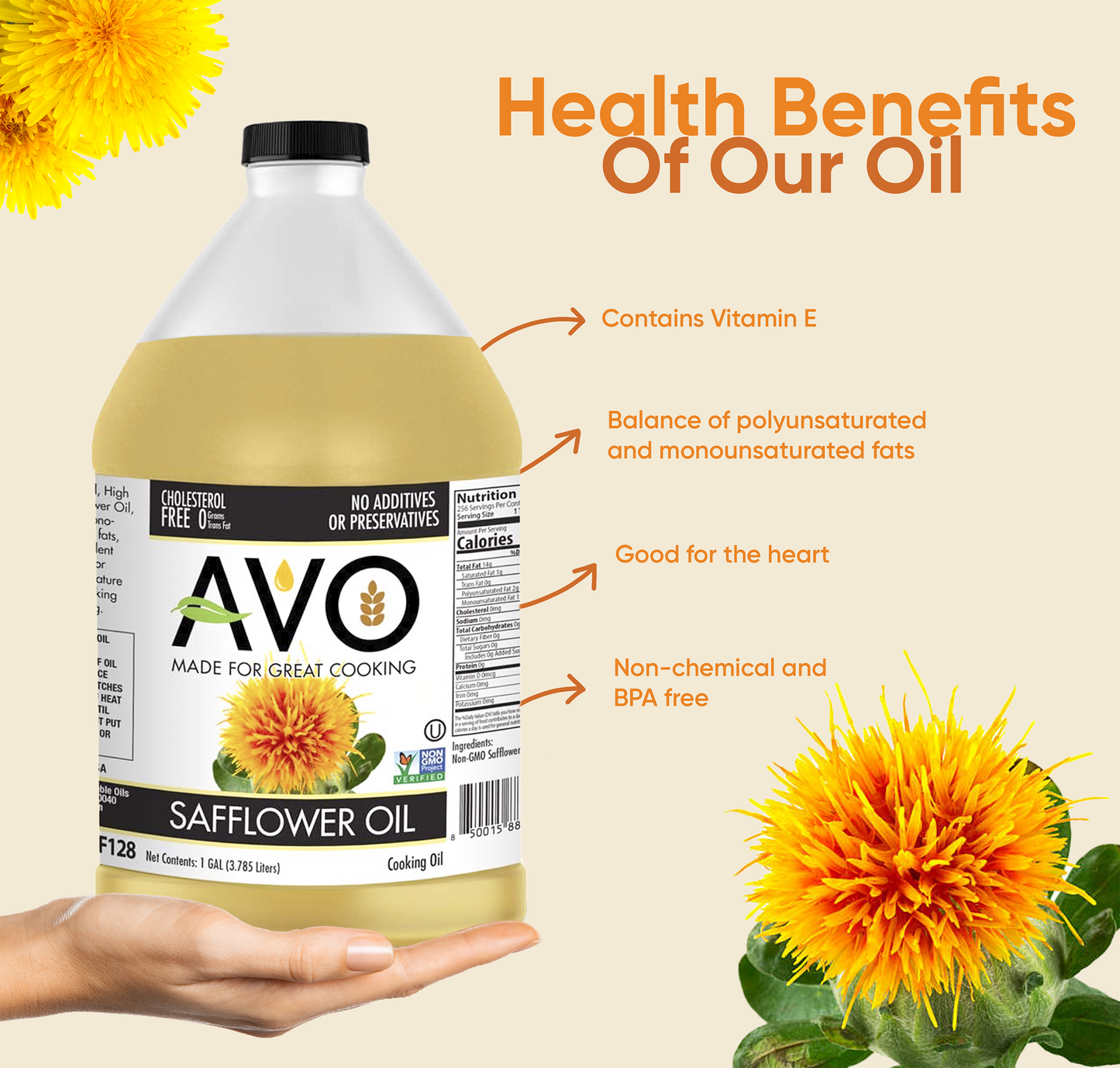 AVO Naturally Processed NON-GMO High Oleic Safflower Oil, 1 Gallon