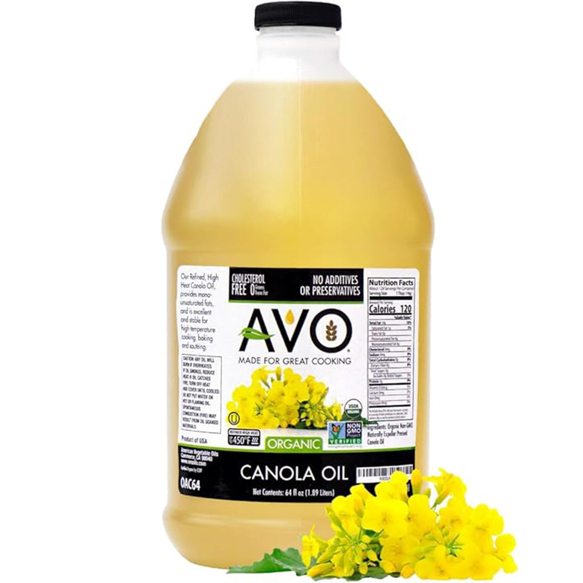 AVO ORGANIC 100% CANOLA Oil Frying, Baking, Non-stick Sautéing, Salads, Vinaigrette, Marinades, Pan Coating, General Cooking 64 Fl-oz (Half a Gallon), NO preservatives added, Naturally Processed