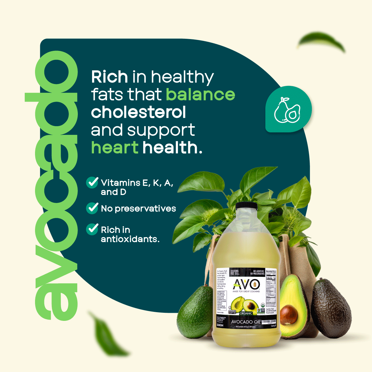 AVO ORGANIC 100% AVOCADO Oil Frying, Baking, Non-stick Sautéing, Salads, Vinaigrette, Marinades, Pan Coating, General Cooking 64 Fl-oz (Half a Gallon), NO preservatives added, Naturally Processed