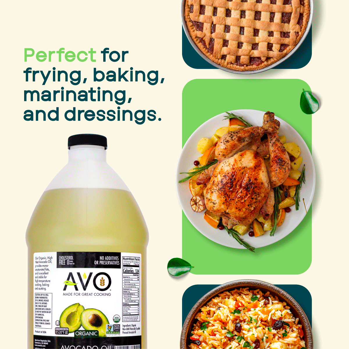 AVO ORGANIC 100% AVOCADO Oil Frying, Baking, Non-stick Sautéing, Salads, Vinaigrette, Marinades, Pan Coating, General Cooking 64 Fl-oz (Half a Gallon), NO preservatives added, Naturally Processed