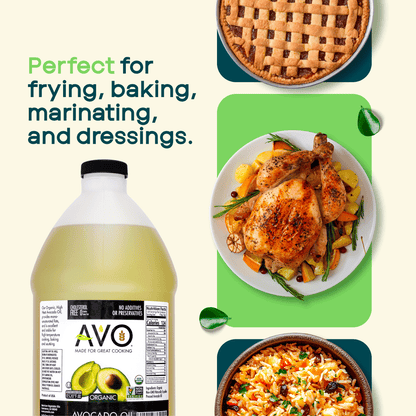 AVO ORGANIC 100% AVOCADO Oil Frying, Baking, Non-stick Sautéing, Salads, Vinaigrette, Marinades, Pan Coating, General Cooking 64 Fl-oz (Half a Gallon), NO preservatives added, Naturally Processed
