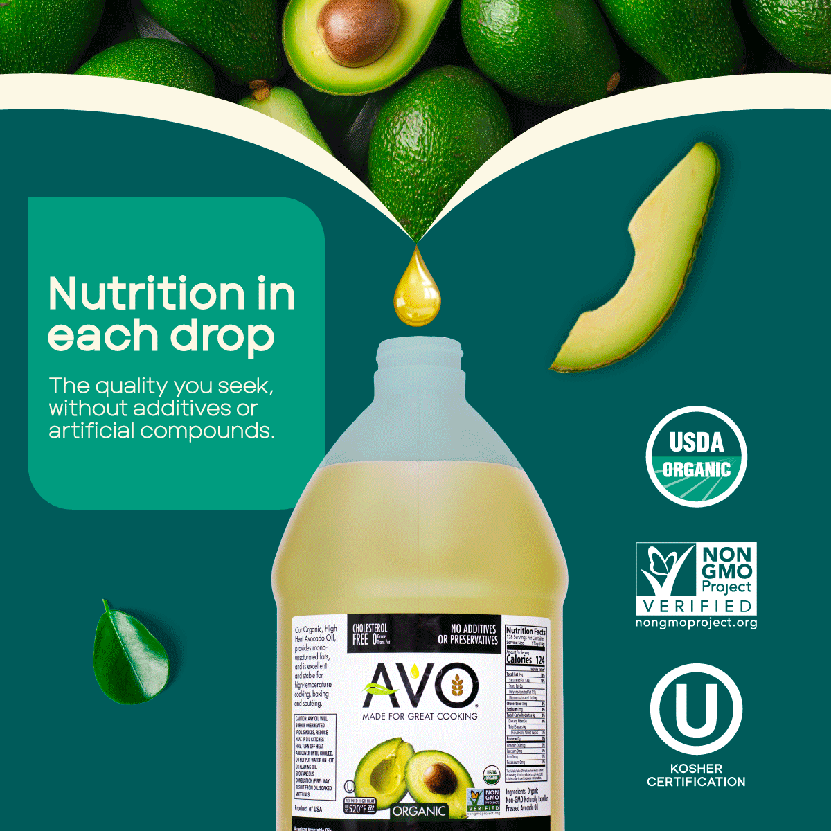 AVO ORGANIC 100% AVOCADO Oil Frying, Baking, Non-stick Sautéing, Salads, Vinaigrette, Marinades, Pan Coating, General Cooking 64 Fl-oz (Half a Gallon), NO preservatives added, Naturally Processed