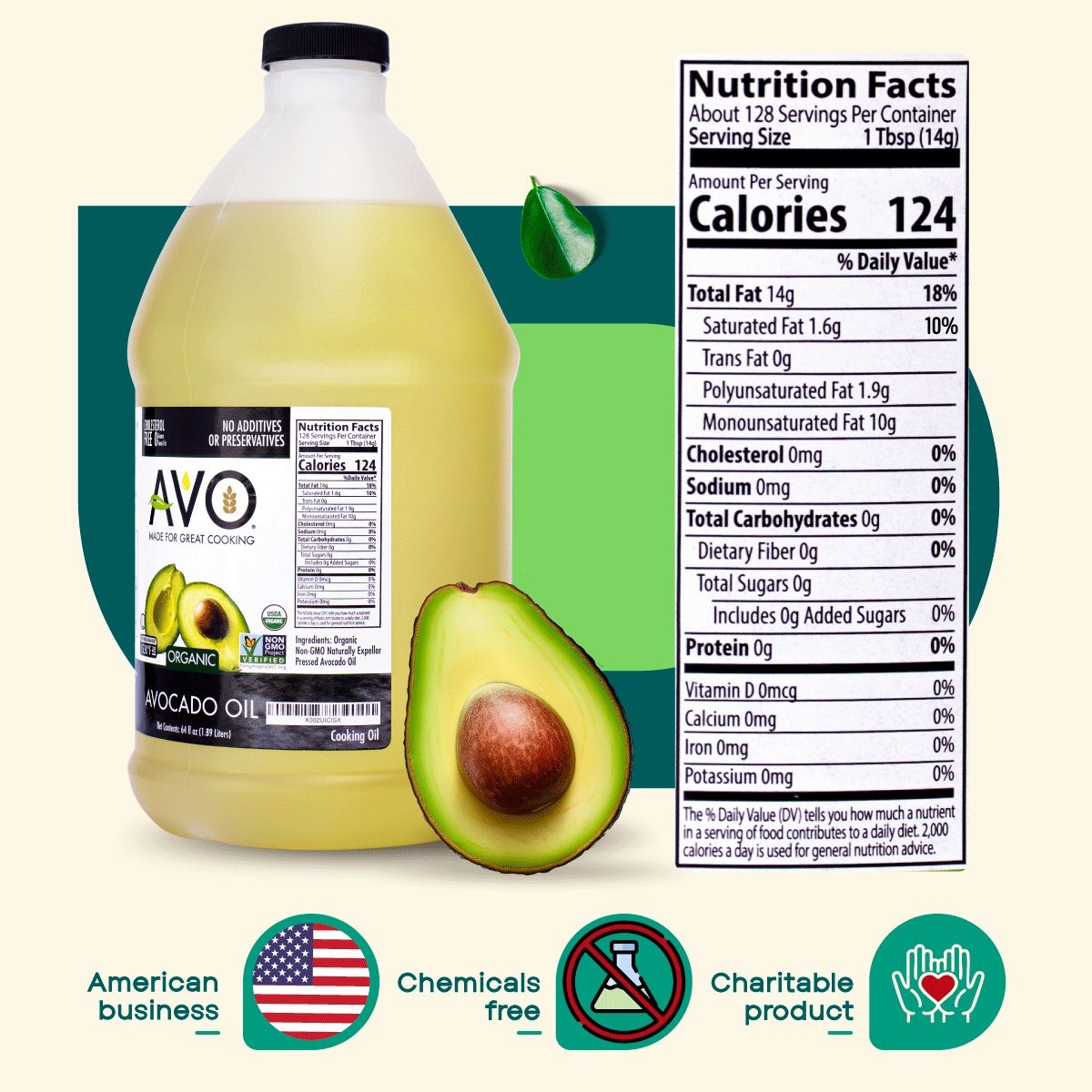 AVO ORGANIC 100% AVOCADO Oil Frying, Baking, Non-stick Sautéing, Salads, Vinaigrette, Marinades, Pan Coating, General Cooking 64 Fl-oz (Half a Gallon), NO preservatives added, Naturally Processed