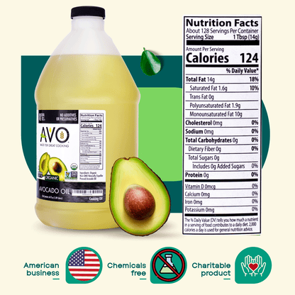 AVO ORGANIC 100% AVOCADO Oil Frying, Baking, Non-stick Sautéing, Salads, Vinaigrette, Marinades, Pan Coating, General Cooking 64 Fl-oz (Half a Gallon), NO preservatives added, Naturally Processed