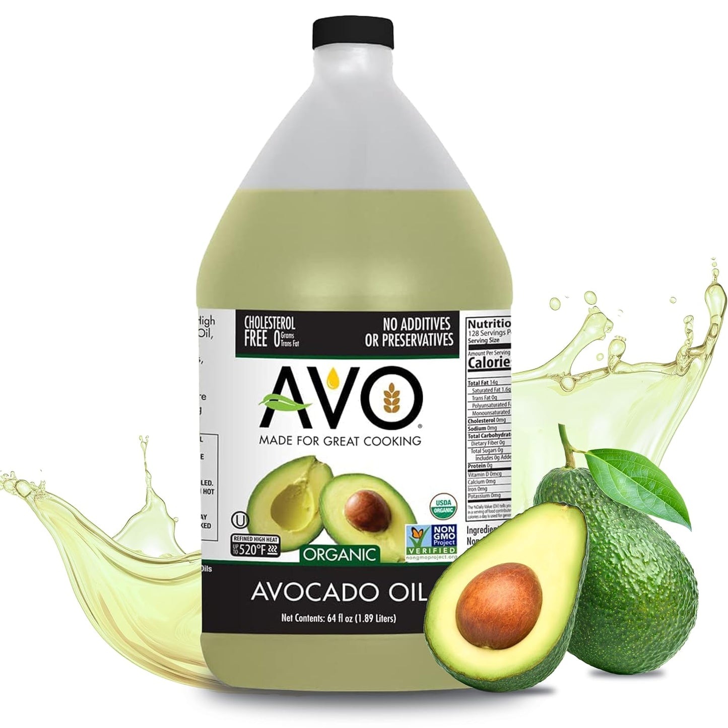 AVO ORGANIC 100% AVOCADO Oil Frying, Baking, Non-stick Sautéing, Salads, Vinaigrette, Marinades, Pan Coating, General Cooking 64 Fl-oz (Half a Gallon), NO preservatives added, Naturally Processed