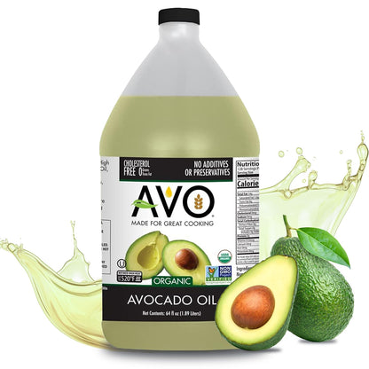 AVO ORGANIC 100% AVOCADO Oil Frying, Baking, Non-stick Sautéing, Salads, Vinaigrette, Marinades, Pan Coating, General Cooking 64 Fl-oz (Half a Gallon), NO preservatives added, Naturally Processed