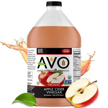 AVO 1 Gallon (128 oz) Naturally Processed ORGANIC NON-GMO Apple Cider Vinegar with the Mother – Raw, Unfiltered, Unpasteurized All Natural Ingredients