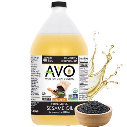 AVO ORGANIC 100% EXTRA VIRGIN SESAME Oil Asian Food, Frying, Non-stick Sautéing, Salads, Vinaigrette, Marinades, Pan Coating, General Cooking 64 Fl-oz (Half a Gallon), NO preservatives added, Naturally Processed