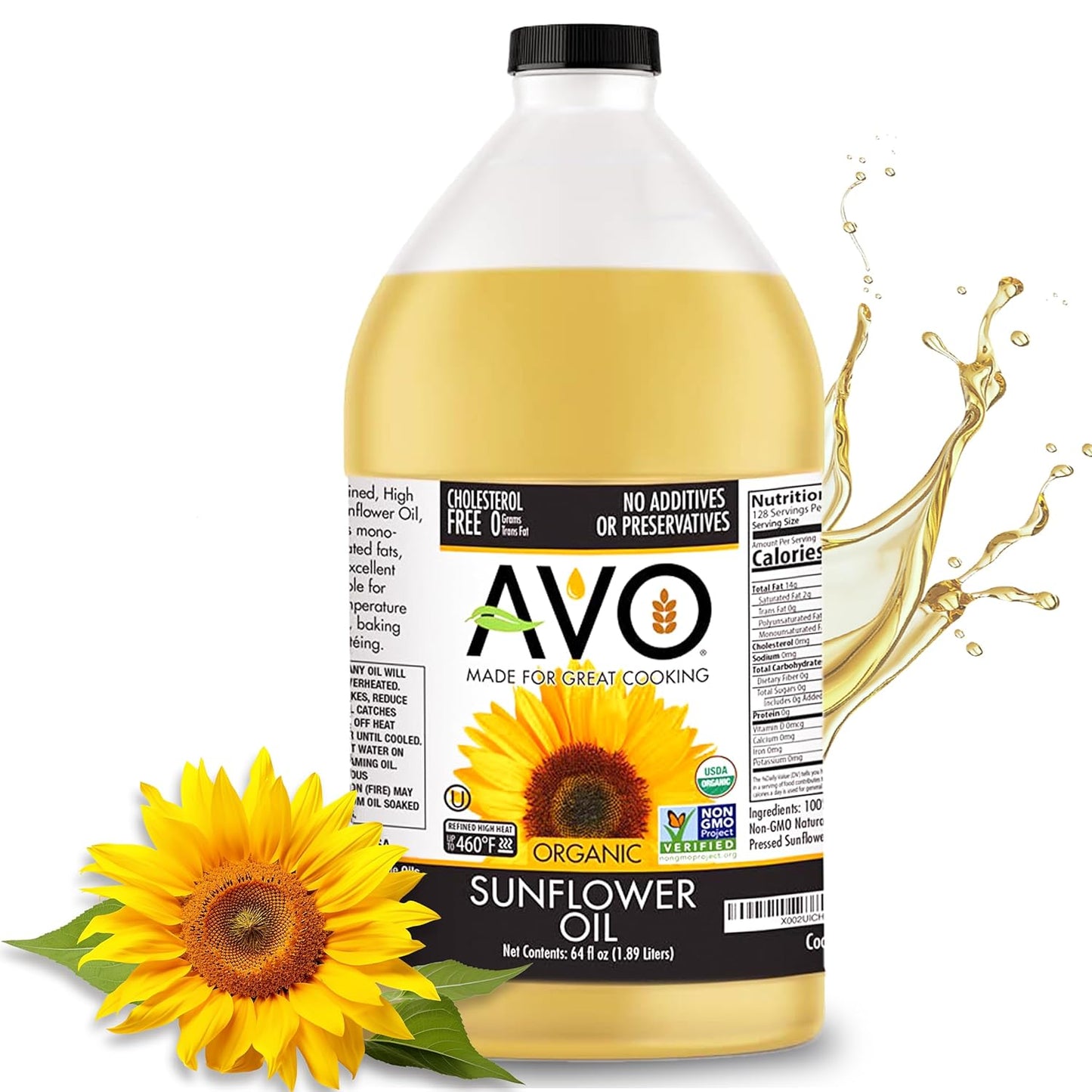 AVO ORGANIC 100% High Oleic SUNFLOWER Oil Frying, Baking, Non-stick Sautéing, Salads, Vinaigrette, Marinades, Pan Coating, General Cooking 64 Fl-oz (Half a Gallon), NO preservatives added, Naturally Processed