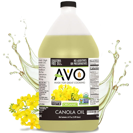 AVO ORGANIC 100% CANOLA Oil Frying, Baking, Non-stick Sautéing, Salads, Vinaigrette, Marinades, Pan Coating, General Cooking 64 Fl-oz (Half a Gallon), NO preservatives added, Naturally Processed