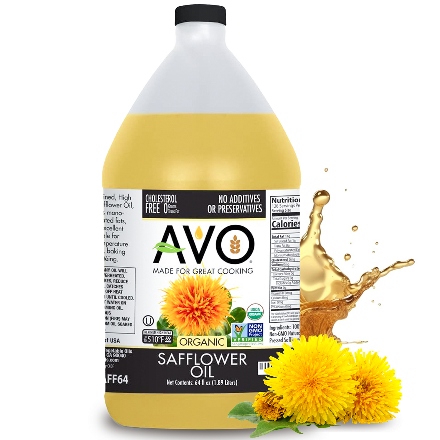 AVO ORGANIC 100% High Oleic SAFFLOWER Oil Frying, Baking, Non-stick Sautéing, Salads, Vinaigrette, Marinades, Pan Coating, General Cooking 64 Fl-oz (Half a Gallon), NO preservatives added, Naturally Processed