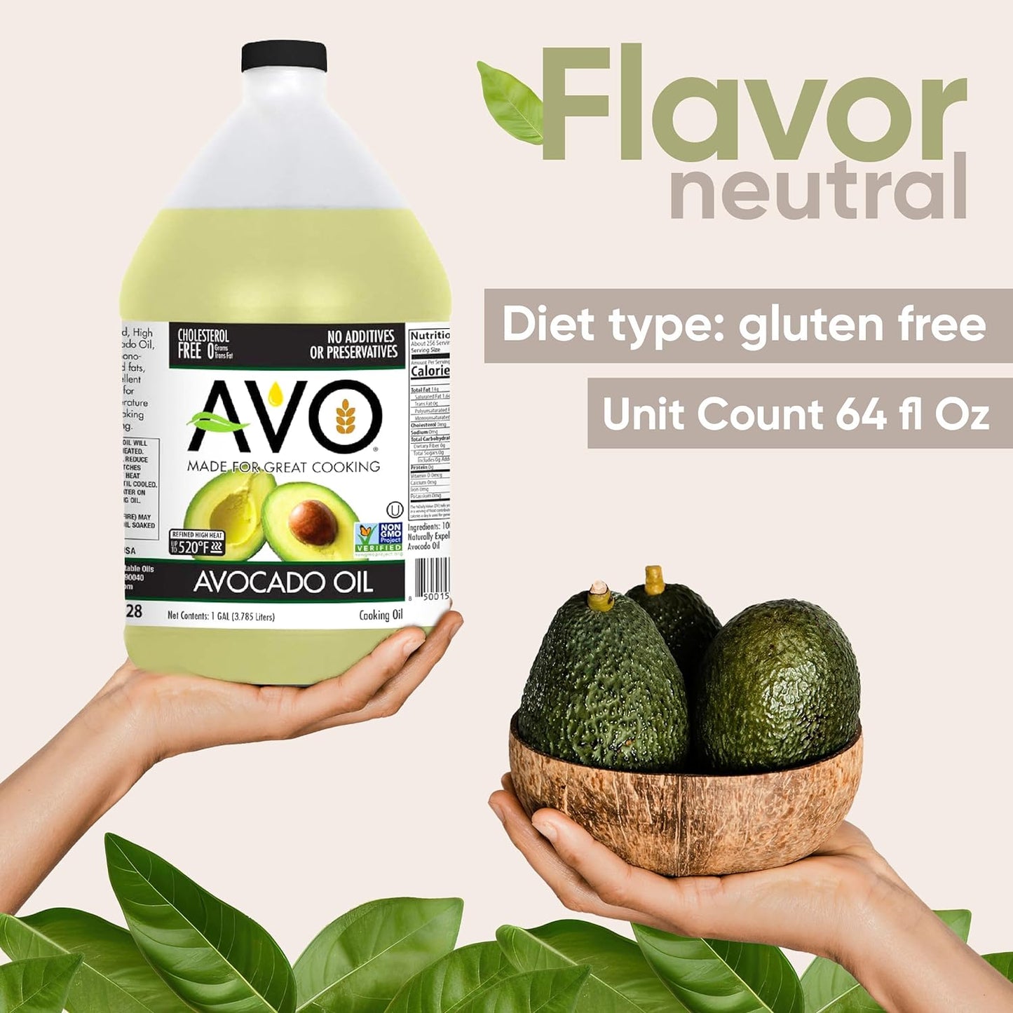 AVO NON GMO 100% Avocado Oil, 1 Gallon 128 Fl-oz, NO Preservatives Added