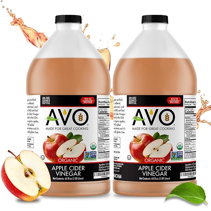 AVO Naturally Processed ORGANIC NON-GMO Apple Cider Vinegar with the Mother – Raw, Unfiltered, Unpasteurized All Natural Ingredients, 2pk 64 FL Oz